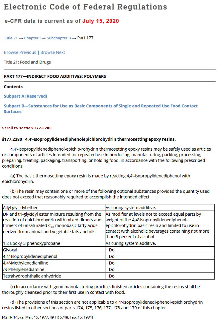 Food Safety Epoxy Resin - FDA